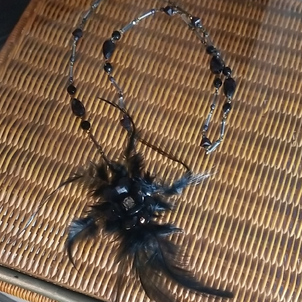 Black Beaded Necklace with Feather Accent